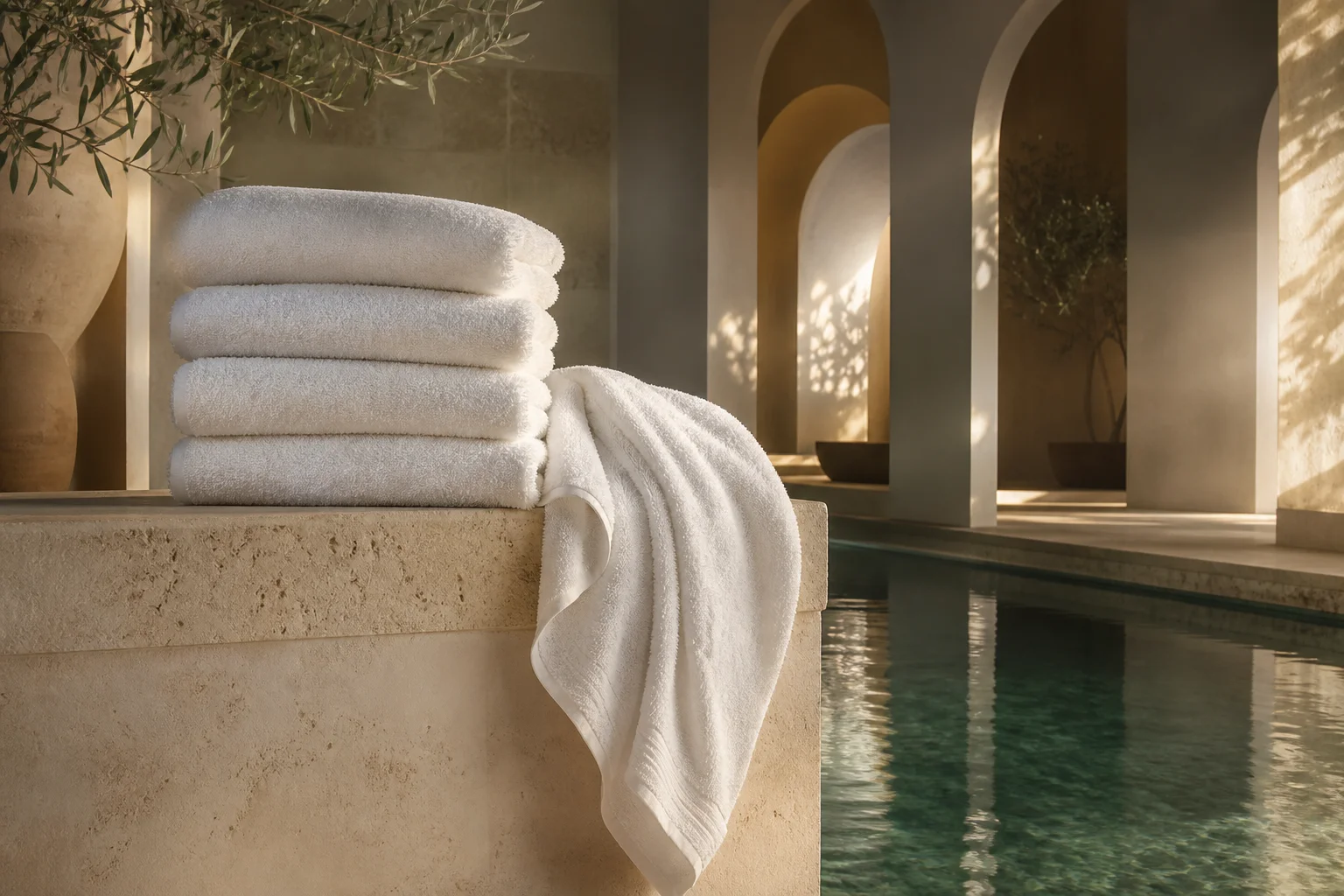 Asciugamani bianchi in una SPA con piscina verde